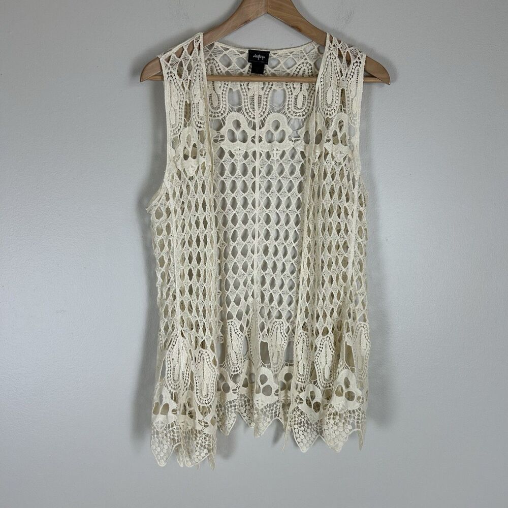 Women’s Cream Lace Crochet Boho Hippie Open Front Vest Size M Doily Top Layering